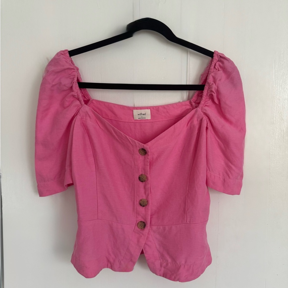 Aritzia/Wilfred Pink Puff Sleeve Ruched Blouse - Picture 4 of 7